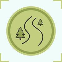 Winding country road color icon. Forest path with fir trees. Vector isolated illustration