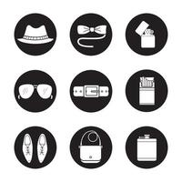 Men's accessories icons set. Butterfly tie, sunglasses, hat, alcohol flask, open cigarette pack, leather belt, bag, classic shoes and flip lighter symbols. Vector white illustrations in black circles