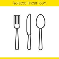 Cutlery set linear icon. Thin line illustration. Fork, spoon and knife contour symbol. Vector isolated outline drawing