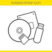 Data storage devices linear icon. Thin line illustration. Usb flash drive, flash card and cd disc contour symbol. Vector isolated outline drawing