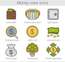 Banking and finance color icons set. Purse with cash, money spending calculations, investor search, dollar coin and bills stack, bank vault, money bag and tree. Vector isolated illustrations