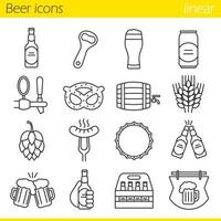 Beer linear icons set. Bar and pub thin line contour symbols. Beer glass, bottle, can, mug, keg, crate, tap, cap, bottle opener. Sausage, brezel, rye, hop and bar sign. Isolated vector illustrations