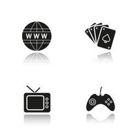 Addictions drop shadow black icons set. Game console joystick, www network symbol, playing cards deck, retro tv-set. Gambling, internet, gaming and tv addictions. Isolated vector illustrations