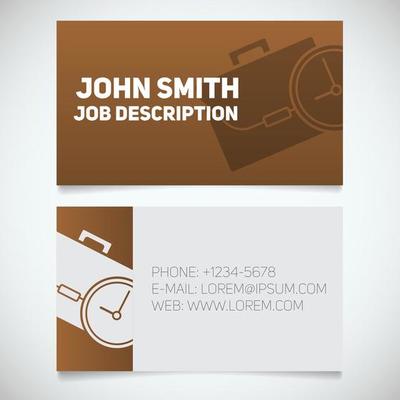 Business card print template with briefcase and clock logo. Easy edit. Manager. Work management. Businessman. Manager. Worktime symbol. Stationery design concept. Vector illustration