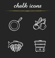 Steam cooking icons set. Frying pan, vegetables, fish fillet slices and steam cooker illustrations. Isolated vector chalkboard drawings