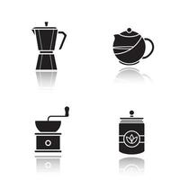 Tea and coffee drop shadow black icons set. Tea infuser kettle and jar, moka pot, coffee beans grinder. Isolated vector illustrations