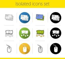 Online banking icons set. Flat design, linear, black and color styles. Credit cards, cash and coins, computer mouse. Isolated vector illustrations