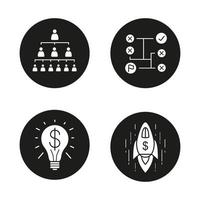 Business concepts icons set. Company hierarchy, problems solving, successful idea, logistics, startup, goal achievement spaceship symbol. Vector white illustrations in black circles