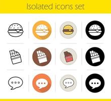 Addictions icons set. Flat design, linear, black and color styles. Burger, bitten chocolate bar and chat bubble. Fastfood and cursing addictions. Isolated vector illustrations