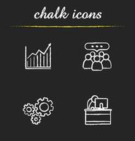 Business chalk icons set. Income growth chart, team communication, teamwork, cooperation, office manager, cogwheels illustrations. Isolated vector chalkboard drawings