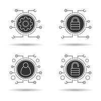 Cyber security icons set. Access denied, network admin and settings, access granted. Digital symbols. Vector white illustrations in black circles