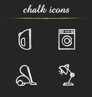 Household appliances chalk icons set. Iron, washing machine, vacuum cleaner, desk lamp illustrations. Isolated vector chalkboard drawings