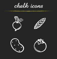 Vegetables chalk icons set. Beet root, open pea pod, potato, tomato illustrations. Isolated vector chalkboard drawings