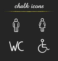WC toilet door signs chalk icons set. Man and woman silhouette and disabled wheelchair restroom illustrations. Isolated vector chalkboard drawings