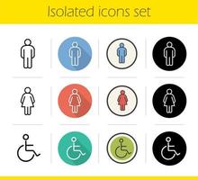 WC door symbols icons set. Flat design, linear, black and color styles. Man, woman and invalid toilet signs. Man and woman silhouettes, disabled wheelchair symbols. Isolated vector illustrations