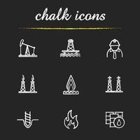 Oil industry chalk icons set. Pump jack, barrels, drilling bit, gas and fuel production platforms, flammable sign, industrial worker, offshore well illustrations. Isolated vector chalkboard drawings