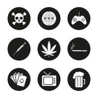 Conjunto de iconos de adicciones y malos hábitos. tibias cruzadas, www, joypad, jeringa, hoja de marihuana, cigarrillo, baraja de cartas, tv, jarra de cerveza. tabaquismo, adicciones al alcohol. vector ilustraciones blancas en círculos negros