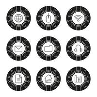 Conjunto de iconos de tecnología cibernética. computación en la nube. wifi, acceso, almacenamiento digital, seguridad de correo electrónico, red mundial, documento web, música digital, casa inteligente. vector ilustraciones blancas en círculos negros