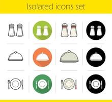 Restaurant kitchen equipment icons set. Flat design, linear, black and color styles. Salt and pepper shakers, covered dish, fork, plate and table knife. Isolated vector illustrations