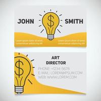 Business card print template with light bulb and dollar logo. Easy edit. Manager. Creative director. Startup manager. Stationery design concept. Vector illustration