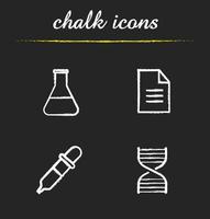 Chemical laboratory chalk icons set. Beaker with liquid, test paper, pipette, dna spiral illustrations. Isolated vector chalkboard drawings