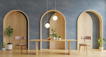 Diseño de interiores de comedor moderno con pared azul oscuro. foto