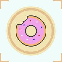 Doughnut color icon. Bitten glazed pink donut with sprinkles. Isolated vector illustration