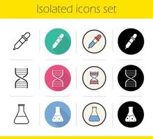 Chemical lab icons set. Flat design, linear, black and color styles. Science research equipment. Medical lab flask with liquid, DNA spiral and dropper. Isolated vector illustrations