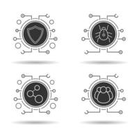 Cyber security icons set. Digital connections, virus program, user group, cyber security. Vector white illustrations in black circles