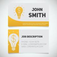 Business card print template with light bulb and dollar logo. Easy edit. Manager. Creative director. Startup manager. Stationery design concept. Vector illustration