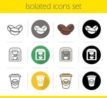 Coffee icons set. Flat design, linear, black and color styles. Roasted coffee beans, espresso coffee machine, takeaway paper cup. Isolated vector illustrations