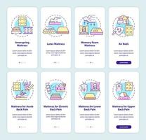 Mattress and spine health onboarding mobile app page screen set. Healthy sleeping walkthrough 4 steps graphic instructions with concepts. UI, UX, GUI vector template with linear color illustrations