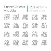 Finance careers and jobs linear icons set. Management and accounting experts. Business field employees. Customizable thin line contour symbols. Isolated vector outline illustrations. Editable stroke