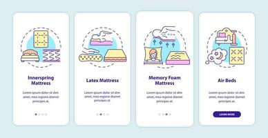 Common mattress types onboarding mobile app page screen. Comfortable bedding walkthrough 4 steps graphic instructions with concepts. UI, UX, GUI vector template with linear color illustrations