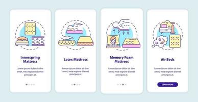 tipos de colchones comunes que incorporan la pantalla de la página de la aplicación móvil. Tutorial de ropa de cama cómoda Instrucciones gráficas de 4 pasos con conceptos. ui, ux, plantilla de vector de interfaz gráfica de usuario con ilustraciones en color lineal