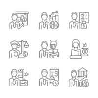 Career in finance field linear icons set. Management and business administration. Financial occupation. Customizable thin line contour symbols. Isolated vector outline illustrations. Editable stroke