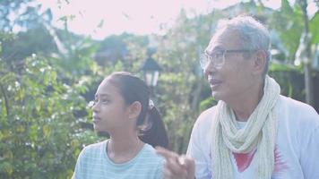 grand-père observant la nature avec sa petite-fille adolescente dans la lumière du matin video