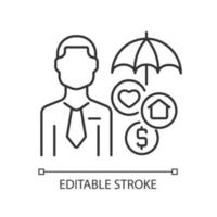 Insurance agent linear icon. Life, health and property insurance seller. Insurer service. Thin line customizable illustration. Contour symbol. Vector isolated outline drawing. Editable stroke