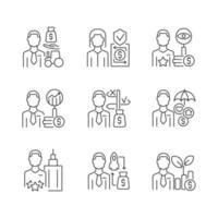 Finance jobs linear icons set. Investment specialists. Financial safety experts. High level executives. Customizable thin line contour symbols. Isolated vector outline illustrations. Editable stroke