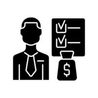 Financial planner black glyph icon. Qualified investment professional. Budget planning and managing advisor. Building wealth specialist. Silhouette symbol on white space. Vector isolated illustration