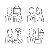 Finance investment jobs linear icons set. Stock market experts and analysts. Fund raising professionals. Customizable thin line contour symbols. Isolated vector outline illustrations. Editable stroke