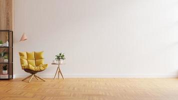 interior minimalista moderno con un sillón amarillo sobre fondo de pared de color blanco vacío. foto