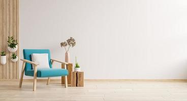 interior minimalista moderno con un sillón azul sobre fondo de pared de color blanco vacío. foto