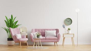 Living room wall mockup in bright tones with have sofa and lamp with white wall background.