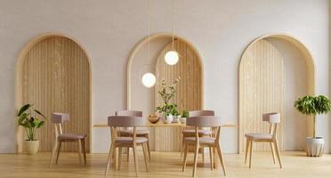 Diseño de interiores de comedor moderno con pared blanca. foto