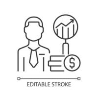 Financial analyst linear icon. Specialist undertaking analysis. Finance data examiner. Thin line customizable illustration. Contour symbol. Vector isolated outline drawing. Editable stroke