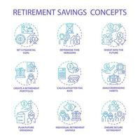 Retiral savings concept icons set. Pension fund creation idea thin line color illustrations. Planning future budget. Income management and analysis. Vector isolated outline drawings