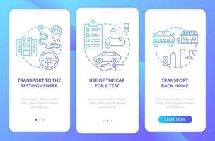 Road test services blue gradient onboarding mobile app page screen. Walkthrough 3 steps graphic instructions with concepts. UI, UX, GUI vector template with linear color illustrations