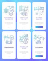 la educación vial ofrece un conjunto de pantallas de páginas de aplicaciones móviles integradas en degradado azul. tutorial instrucciones gráficas de 3 pasos con conceptos. ui, ux, plantilla de vector de interfaz gráfica de usuario con ilustraciones en color lineal