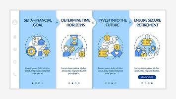 Retirement plan onboarding vector template. Responsive mobile website with icons. Web page walkthrough 4 step screens. Ensure secure retirement color concept with linear illustrations